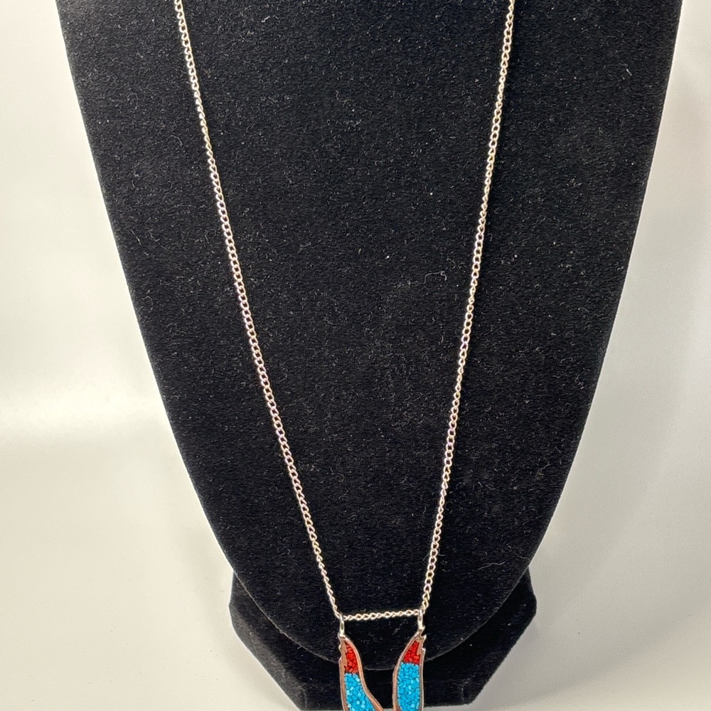 Vintage Turquoise and Coral Chip Inlay Silver Toned Eagle Necklace